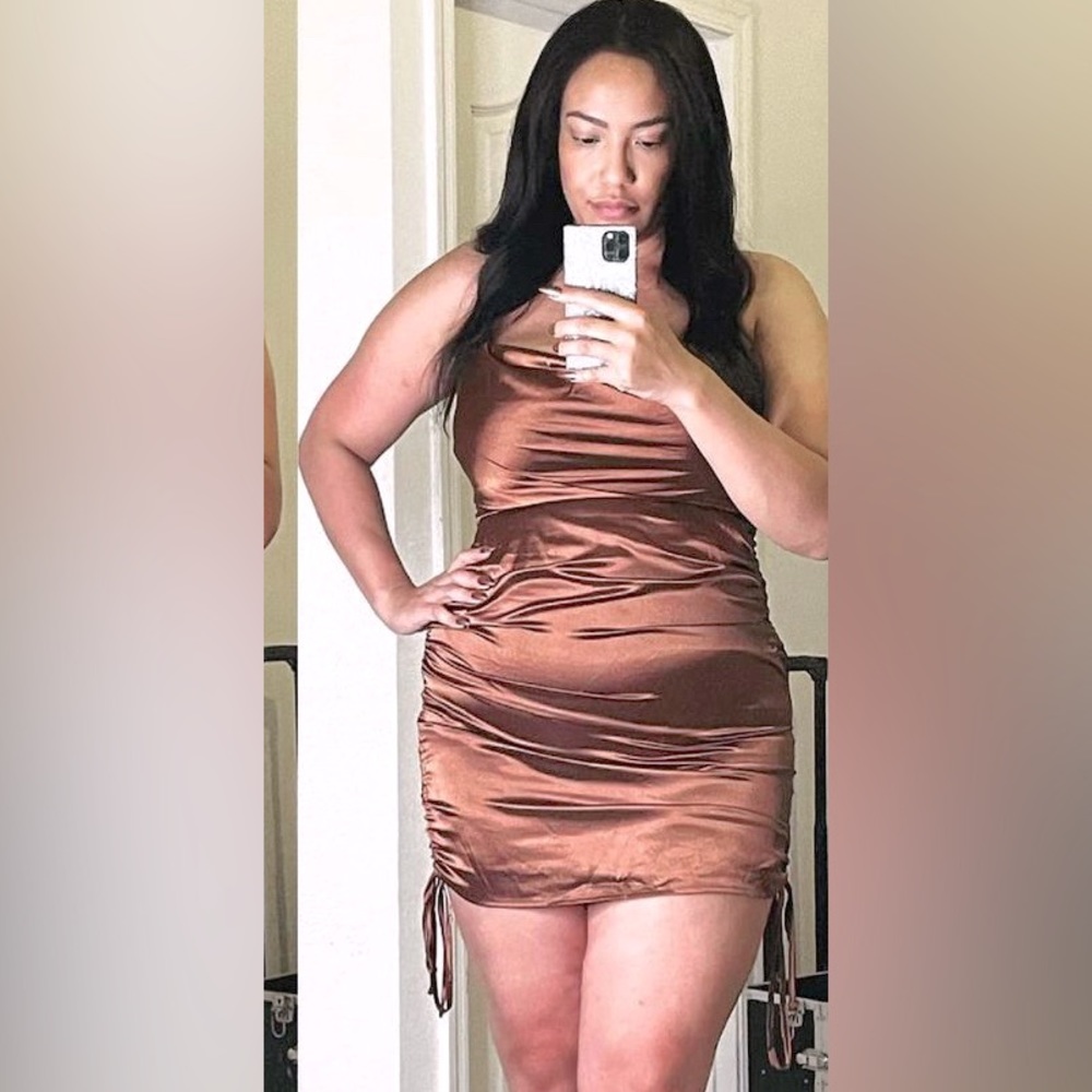 Brown Ruched Tie Satin Mini dress